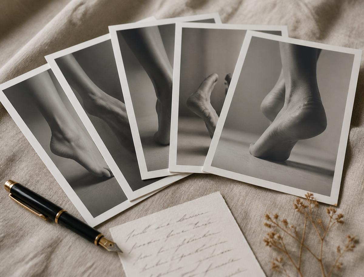 A fan of matte photographic prints on linen beside a fountain pen and a handwritten note